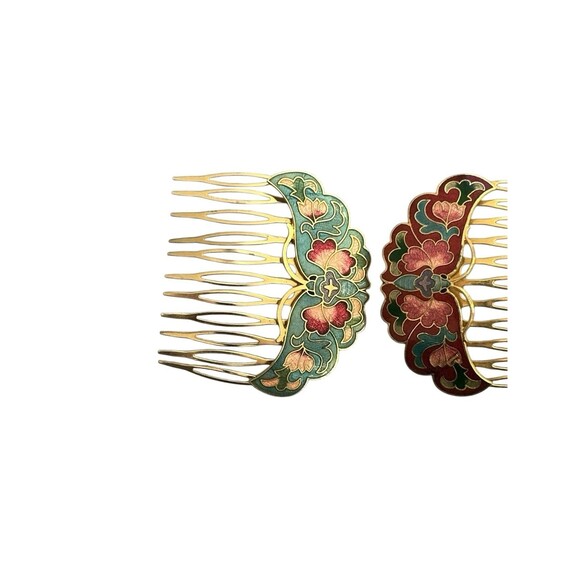 Vintage Lot of 2 Cloisonné Enamel Butterfly Hair Comb Clip Brass - Picture 2 of 10
